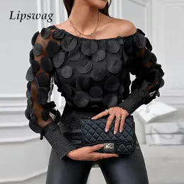 Women's Blouses Casual Perspective Bubble Sleeve Pullover Women Slant Neck Mesh Splicing Top Elegant Office Ladies Waisted Pleated Stretch