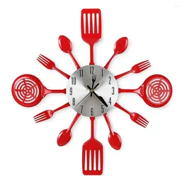 Clocks Accessories 16 Inch Large Kitchen Wall With Spoons And Forks 3D Tableware Clock Room Home Decoration(Red)