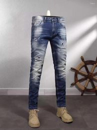 Men's Jeans Fashion Streetwear Men High Quality Retro Washed Blue Elastic Slim Ripped Vintage Patched Designer Denim Pants