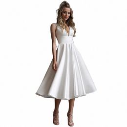 simple Bride Dr V Neck White Satin Sleevel Short Wedding Dres Backl A Line Tea Length Midi Wedding Gowns q4DZ#