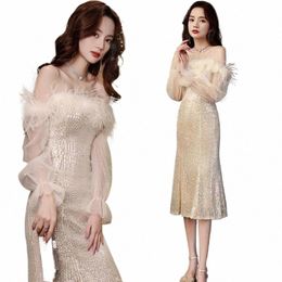women's Prom Dr Wrap Chest Sequins Slim Short Sleevel Feather Banquet Elegant Party Dres for Women Vestidos De Mujer d40X#