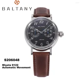 Wristwatches Baltany Mono-pusher Function Watch 9122 Auto S6048 Week Month Hardening Process MOP Dial Leather Retro Dress Wristwatch S206048