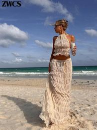 Pleated Crop Tops Long Skirt Suit Women Halter Sleeveless Backless Skirts Set 2024 Summer Ladies Sexy 2 Piece Beach Outfit 240314