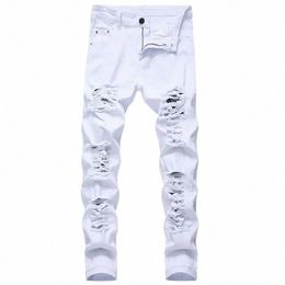 men's White Jeans Fi Hip Hop Ripped Skinny Men Denim Trousers Slim Fit Stretch Distred Zip Men Jean Pants High Quality f43w#