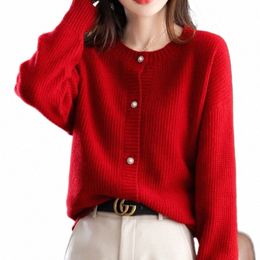 spring and Autumn Women's Knitted Cardigan Casual Sweater Jacket Women Clothing Lg Sleeve Solid Colour Korean Top Red Sweater k9jp#