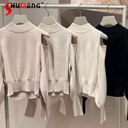 Women's T Shirts 2024 Autumn Winter Clothing Elegant Round Neck Digging Off-the-Shoulder Puff Sleeves Wool Sweater Kawaii Clothes Top
