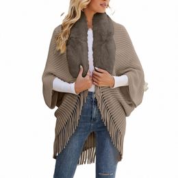 2023 Women Elegant Shawl Solid Color Ladies Pchos Slim Fit Crochet Cape Sweater V Neck Cardigan Casual Rib Knitted Daily Top k9Rz#