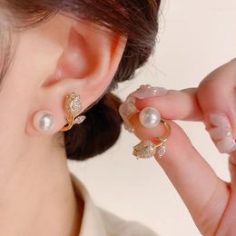 Stud Earrings Fashion Zircon Tulip Flower Pearl For Women Korean Luxury Back Hanging Earring Girls Exquisite Jewellery Gifts