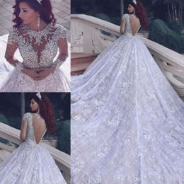 One Pcs O Neck Long Sleeve Ball Gown Bridal Dresses Beaded Crystals Vestidos Noiva Wedding Gowns Robe De Mariage