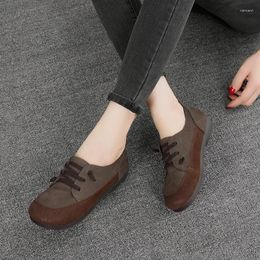 Casual Shoes Loafers Women Leather Lace Up Flats Autumn Gray Lazy Handmade Genuine Soft Retro 2024