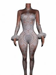 sexy White Lace Rhinestes Jumpsuit Woman Singer Stage Bodysuit Costume Party Celebrate Unitard Glisten Stes Outfit Baileisi B3uM#