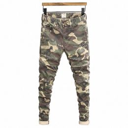 fi Vintage Men Jeans Camo Trousers Elastic Slim Fit Hip Hop Jeans Men Spliced Designer Casual Denim Pants L5TF#