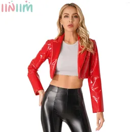 Women's Jackets Womens Fashion Lapel Patent Leather Jacket Wetlook Long Sleeve Cropped Coat Party Club Music Festival Band Casual Streetwear