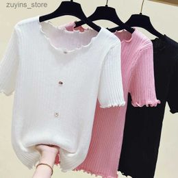 Women's T-Shirt Summer Ruffle Button Oversized Women Pullover T-shirt Sweet Fashion Chic Sweaters Tops Short Sleeve Loose Female Casual Knitwear24329