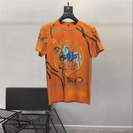 European and American men's 2023 summer new Round neck and short sleeves fashion Horse hot drill printed T-shirt