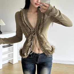 Women's T Shirts Autumn And Winter Fashion Slim Fit Long Sleeved Tie Cardigan Open Navel T-shirt For Women