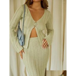 Work Dresses Elegant Two Piece Knit Outfits Long Sleeve V Neck Button Down Ribbed Tops Split Maxi Skirt Set Loungewear Womens Chic Dro Othid