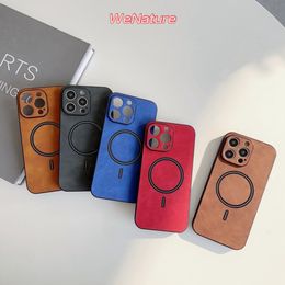 Magsafe를위한 Wenature Luxury Matte Leather iPhone 15 14 Plus 13 11 12 Pro Max X S XR Shockproof Cover 용 Magsafe Magnetic Wireless Chare Case Case