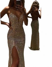 glitter Sequins Mermaid Prom Dres Lace Up Sexy Back Cocktail Party Bride Gowns Side Split Lg Maid of Hor Dr N5ww#