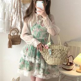 Casual Dresses Summer Sweet Green Tie-dyed Flower Print Lolita Dress Women Kawai Lace Chiffon Irregular Sling Cute Sleeveless Party