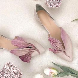 Casual Shoes Gradient Purple Pink Petals Embellished Flats Ladies Side Cutout Pointed Toe Loafer Female Fresh Flower Slip On