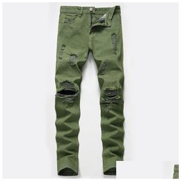 Men'S Jeans Mens Knee Hole Trousers Ripped Army Green Autumn Winter Zipper Washed Retro High Street Fashion Drop Delivery Apparel Clo Dhx0F