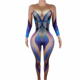 Colourful Rhineste Butterfly Bodyc Jumpsuits Lg Sleeves Women Dance Bodysuits Showgirl Stage Costumes Party Romper Hudie x3iz#