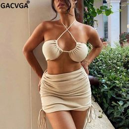 Casual Dresses GACVGA Sexy Backless Two Pieces Set Women Criss-Cross Halter Crop Top And Ruched Mini Skirt Sets Summer Slim Dress Suits