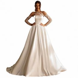 smileven Satin Lace Wedding Dres A Line Lg Sleeve Bude Sheer Bride Dr 2 Piece Vestido de novia High Neck Wedding Gowns F7Z3#