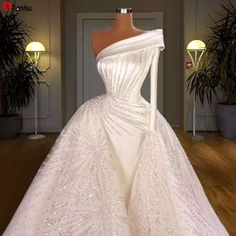 NEW Beading Mermaid Wedding Dresses Bridal Gowns With Detachable Train One Shoulder Long Sleeve Robe De Soire Mariage