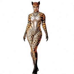 cat Print Skinny Jumpsuit Sexy Zentai Female Party Outfit Women Party Show Performance Stage Wear Halen Cosplay Costume N0f3#