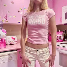 Emo Girl Clothes Cute Pink Baby Tee Aesthetic Letter Print Punk Streetwear Short Sleeve Tee Y2k Fairy Grunge Goth Slim Crop Top 240311