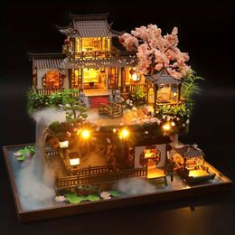 Handmade Cabin Wonderland Chinese Style Ancient Town Large Villa Model House, Diy Wooden Assembled House Building Scene Puzzle Home Decorations Crafts