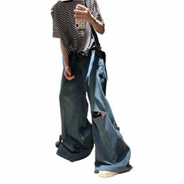 reddachic Men's Ripped Hole Wide Leg Jumpsuit Y2k Vintage Blue Loose Casual 90s Retro Skater Oversize Bib Pants Denim Overalls h5kC#