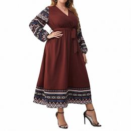 plus Size Summer Women Dr Wraped V Neck Swing Dres Waist Belt Geometic Print Robe Lg Sleeves Female Gown Clothing q1Ch#