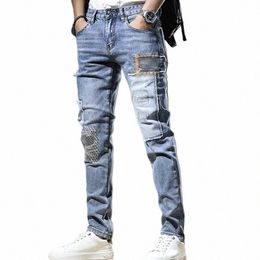 2023 Fi Mens Jeans Autumn Patch Light Blue Trend Loose Pants Elastic Streetwear Boyfriend Biker Man Straight Denim Trousers F2Bv#