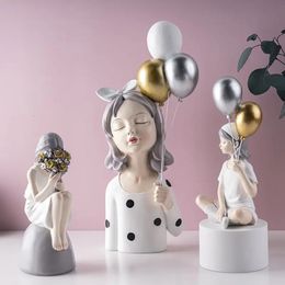 Modern Cute Balloon Girl Resin Statues Ornaments Store Office Furnishing Decoration Home Livingroom Desktop Accessories Crafts 240401