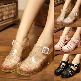 Sandals Glitter Gold/silver Jelly Women Round Toe Thick High Heels Summer Shoes Ankle Strap Narrow Band Transparet Sandalisa