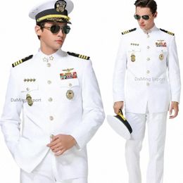 america White Sailor Uniform Set Men Wedding Annual Meeting Evening Hat Coat Pants and Accories Navy Guard Security Work Wear N6Qm#