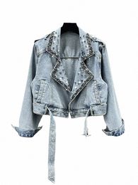 deat Women's Denim Coats Notched Collar Diamd Embroidered Flares Belt Waist Short Jackets 2024 Summer New Fi 29L3766 C378#