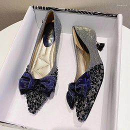 Dress Shoes 2024 Fashion Woman Sequins Pointed Toe 3cm High Heel Kitten Heels Rhinestone Bowknot Versatile Female Mary Jane