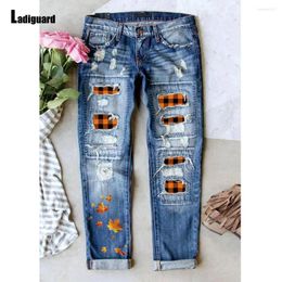 Women's Jeans Straight Leg Denim Trousers Boyfriend Fashion Printed Pantalon Women Hole Ripped Demin Pants Vaqueros Mujer 2024