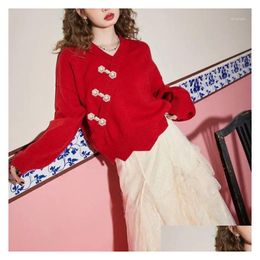 Ethnic Clothing 2024 Chinese Style Buckle Red Sweater Knit Womens Festive Year V Neck Versatile Long Sleeves Cheongsam Top Drop Delive Otydz