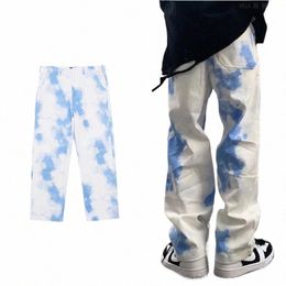 2022 New Tie Dyed Jeans Men's Loose Straight Tube Mop American Wide Leg Overalls Pants High Street Fi N56I#