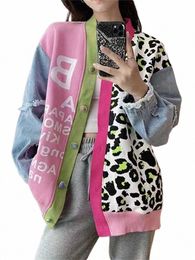 ucxq Temperament Denim Spliced Ctrast Colour Leopard Jacquard Sweater Cardigan Women's Loose Knitted Jacket 2023 Autumn 23A4410 e6X8#