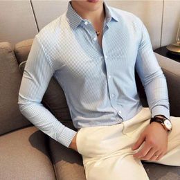 Men's Dress Shirts Plus Size 4XL-M High Elasticity Traceless Spandex 2024 Men Striped Slim Fit Non-ironing Business Long Sleeve Shirt