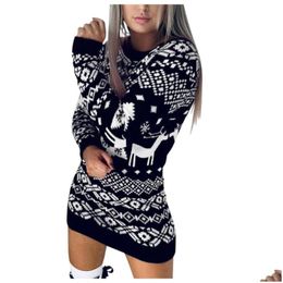 Basic & Casual Dresses Amsgend Womens Clothing Appliques Woman Dress O Neck Elk Snowflake Christmas Xmas Plover For Drop Delivery App Dhdi7