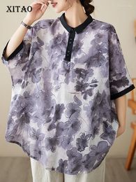 Women's Blouses XITAO Loose Casual Thin Shirt Vintage Print Batwing Sleeve Irregular Fashion 2024 Spring Women Pullover Top DMJ2343