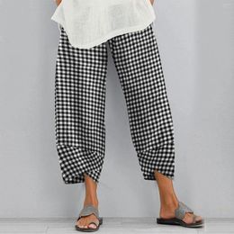 Women's Pants Women Black And White Plaid Casual Elastic Waist Loose Trousers Cotton Linen Athletic With Pocket Spring Wear