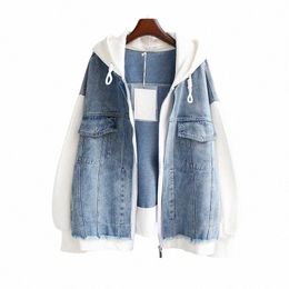 fake Two-piece Denim Hoodies Coat Women Spring Autumn Trend Cardigan Hoodie Casual Loose Hooded Baseball Jacket Streetwear Woman A0LV#